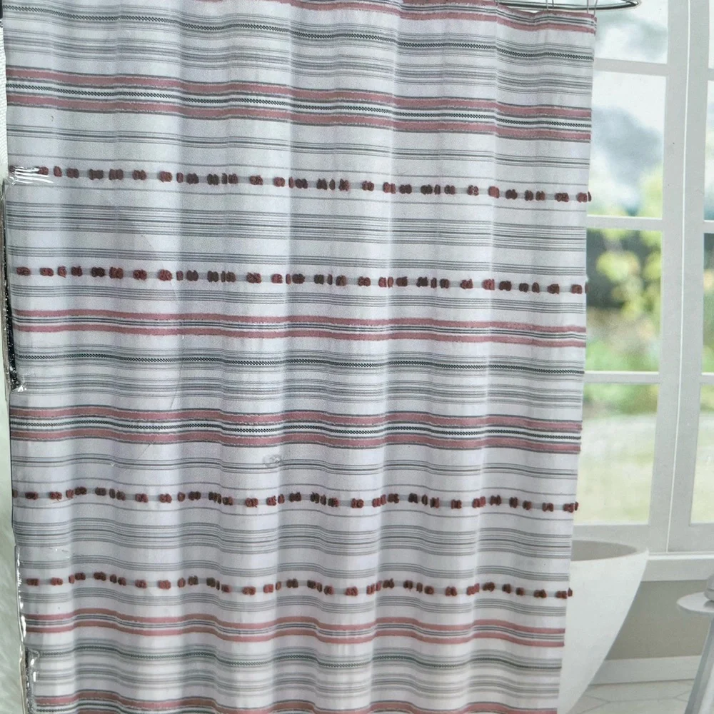 New with tags JADE & OAKE TUFTED STRIPE SHOWER CURTAIN teagan/red 72” x 72”